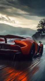 Supercar slices wet mountain road under storm clouds.
