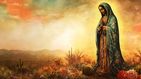 Iconic robed figure with radiant halo over arid desert horizon