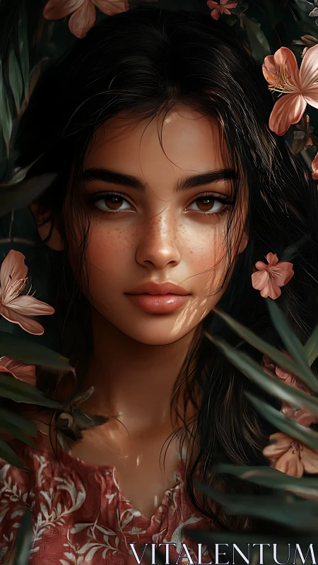 Floral portrait of freckled woman in dappled sunlight.