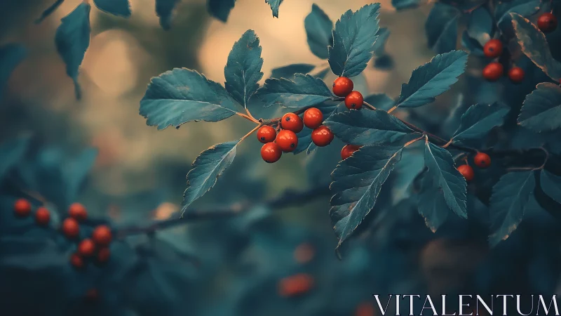 Red berries on dark green leaves in soft forest light.