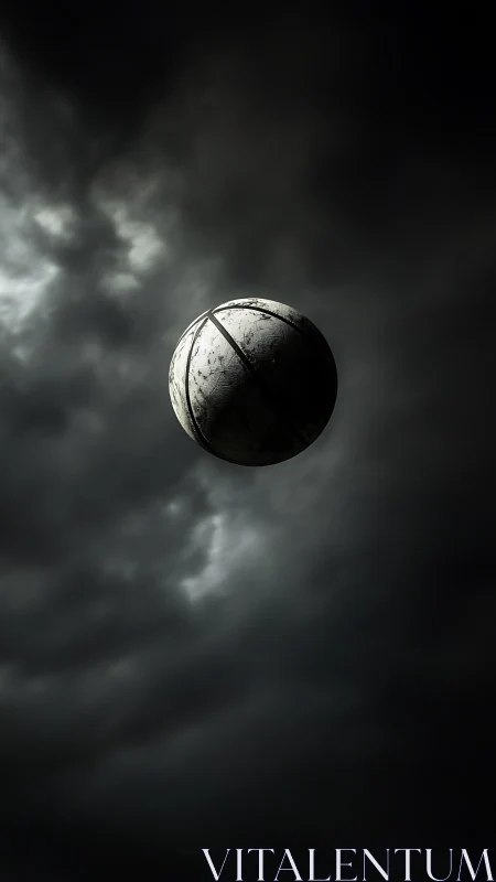 Spherical object suspended against dark overcast sky.