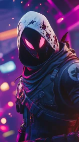Neon-eyed hooded wraith stalking through glitch-lit alleys.