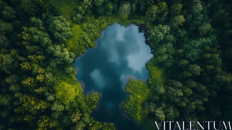 Circular forest lake viewed from above with dense green trees.