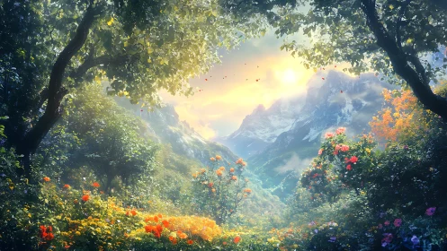 Sunlit alpine valley framed by lush, high-saturation flora