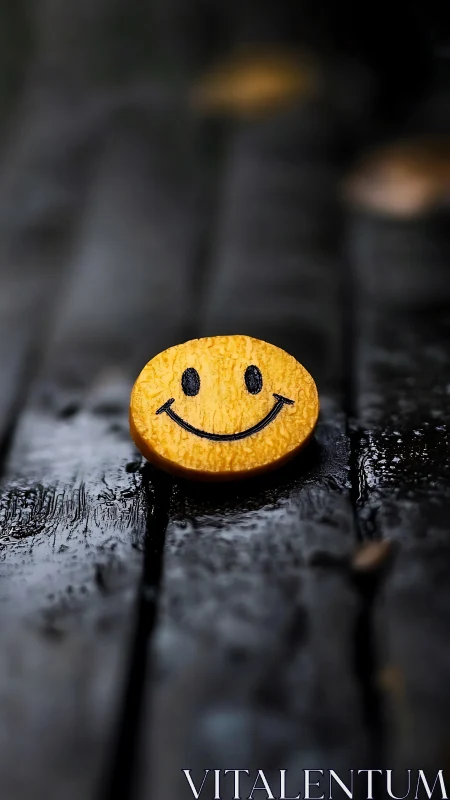 Stray yellow smiley coin quietly brightens the rainy boards