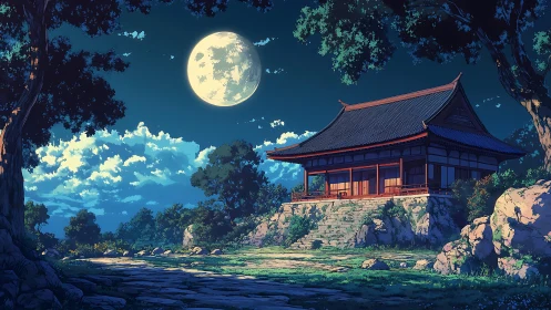 Full moon bathes hilltop Japanese temple in cool light