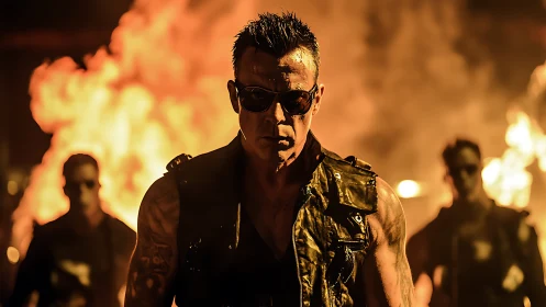 Tough biker leader walks from raging explosion at night