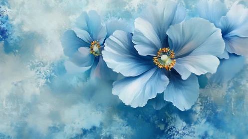 Blue cosmos flowers with golden centers on watercolor background.