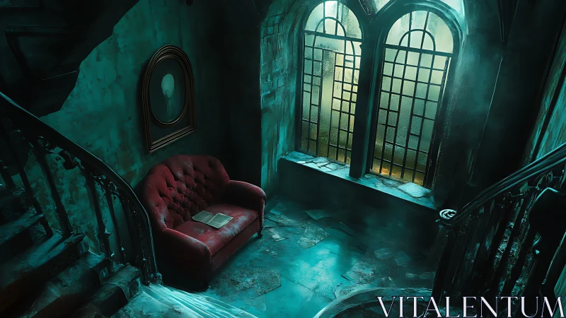 Velvet ghost sofa brooding beneath misted cathedral windows.