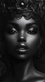 Midnight queen gazes forward with luminous, sculpted grace