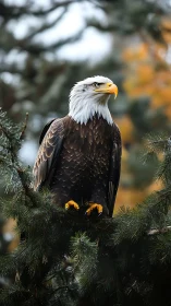 Bald eagle perched on evergreen branch in soft autumn light.