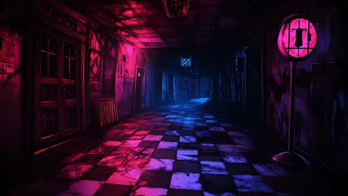 Deserted corridor in neon red and blue horror lighting.