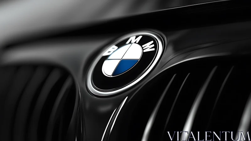 BMW hood emblem close-up on glossy black grille surface.