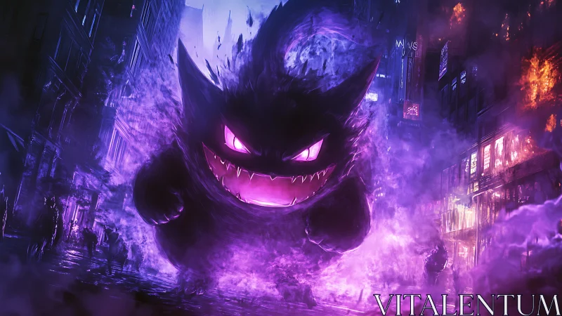 Neon spectral titan in purple-lit urban chaos composition.