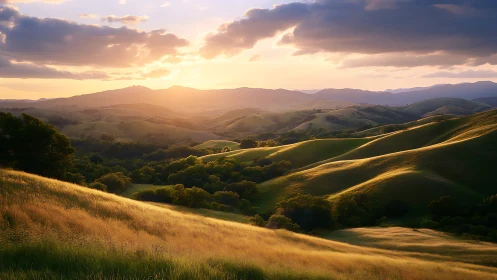 Golden sunset light sculpts rolling green valley hills.