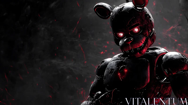 Sinister mech bear with glowing red heart in darkness.