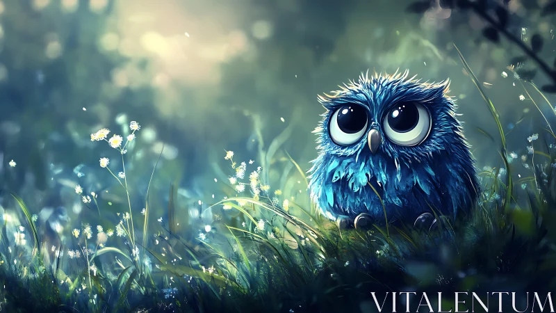 Cute Blue Owl in Enchanted Forest, Digital Fantasy Art Style.