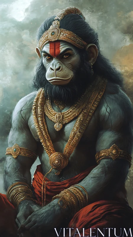 Mythic simian warrior deity in ornate gold regalia portrait