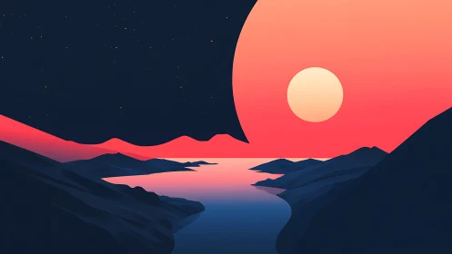 Minimalist alien sunset over stylized river valley glows
