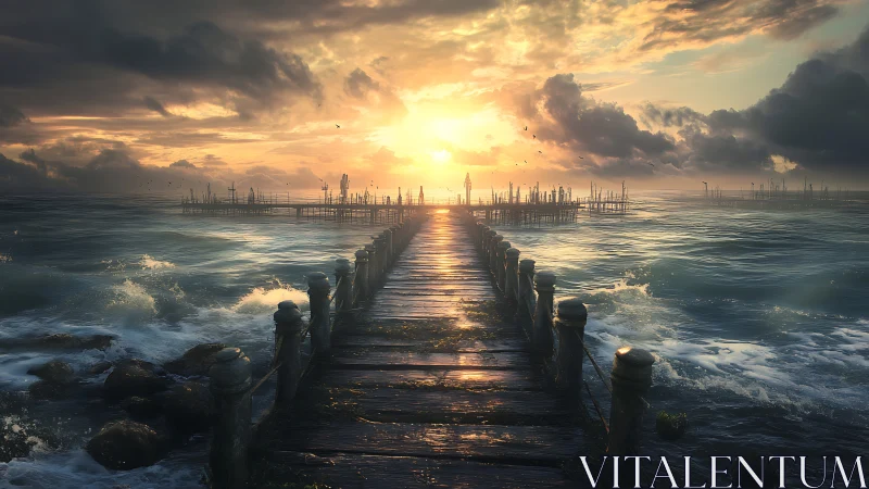 Storm-lit timber pier recedes into turbulent oceanic sunset field