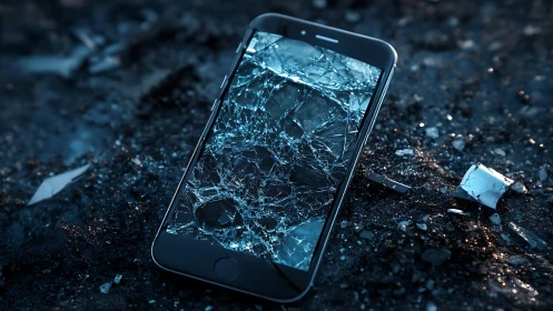Shattered smartphone screen rendered in dramatic low-key lighting