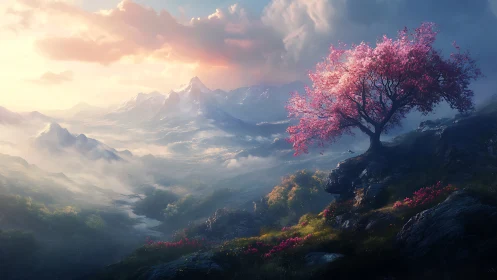 Digital painting of a lone cherry tree on luminous mountain ridge.