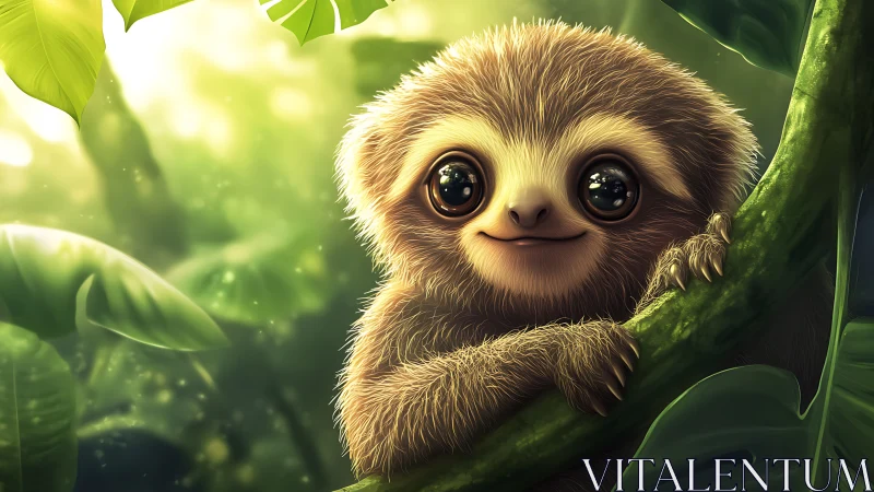 Wide-eyed baby sloth on jungle branch in warm rim light.