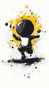 Dynamic ink-splatter illustration of child with soccer ball head