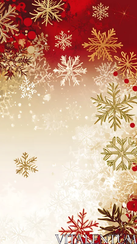 Gold and white snowflakes on red seasonal gradient background.