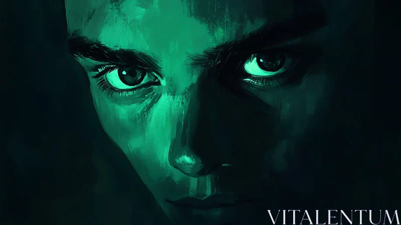 Emerald-lit intense portrait with piercing reflective eyes.