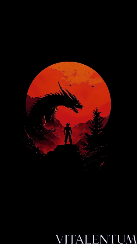 Crimson moon crowns lone warrior before looming shadow dragon