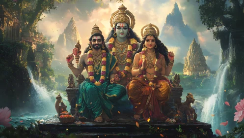 Divine Hindu triad seated before waterfalls in mystical valley.