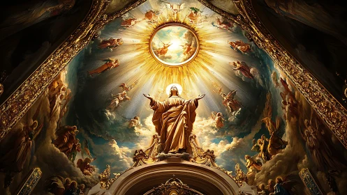Baroque church ceiling with radiant Marian statue.
