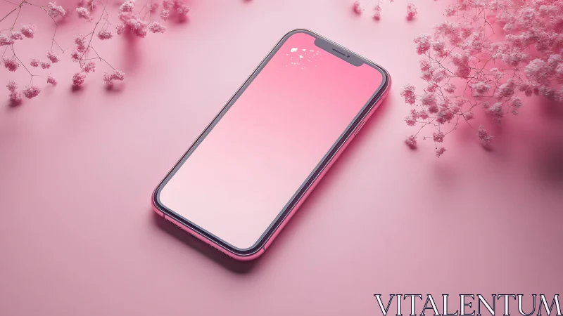 Modern smartphone on pink surface with delicate floral accents.