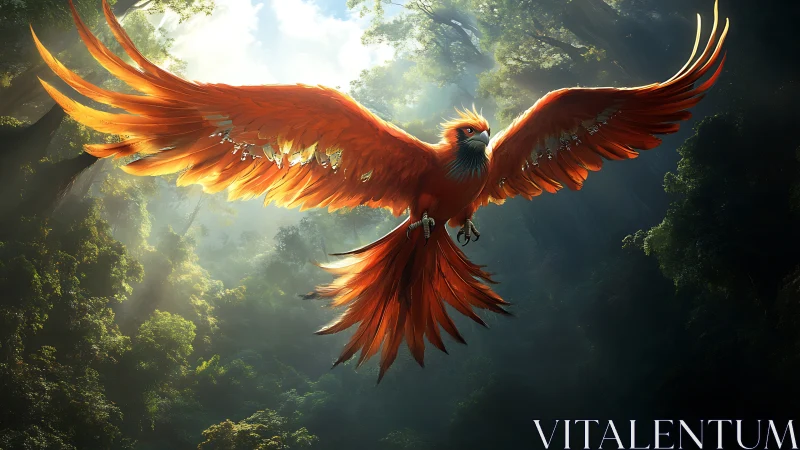Majestic Fiery Phoenix Soaring Over Lush Forest, Fantasy Art.