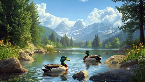 Mallard companions drifting through a storybook alpine lake.