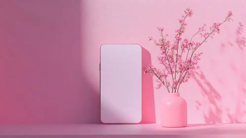 Minimal smartphone mockup beside pink vase with flowers.