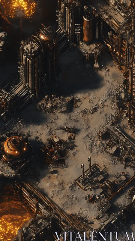 Industrial refinery complex rises above molten lava field