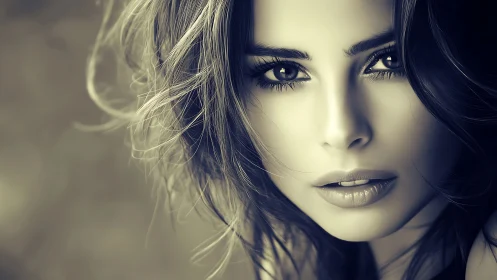 Monochrome digital portrait with intense female gaze.
