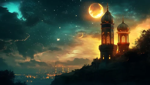 Dual minaret towers under twin moons in high contrast skyline