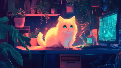 Glowing fluffy desk cat brightening a cozy neon studio.