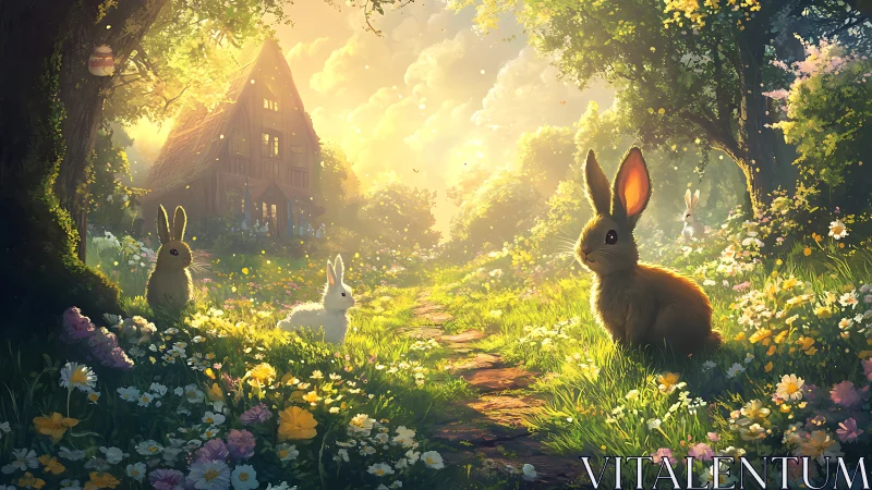 Sunlit forest rabbits surround cottage in blooming meadow.