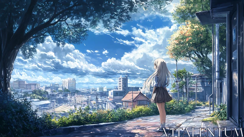 Girl observes sunlit cityscape under wide summer sky