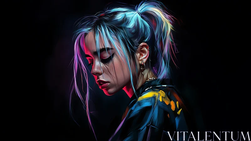 Chromatic side-lit portrait of pensive neon-haired woman.