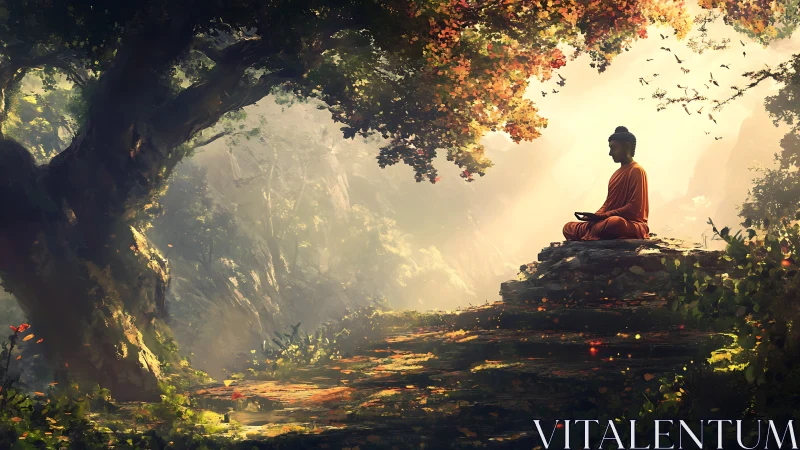 Monk meditating on forest cliff under warm sunlight glow.