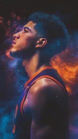 Basketball player profile glows against cosmic nebula backdrop