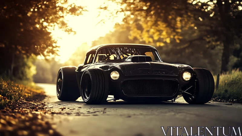 Bold custom hot rod glowing in soft golden sunset light.