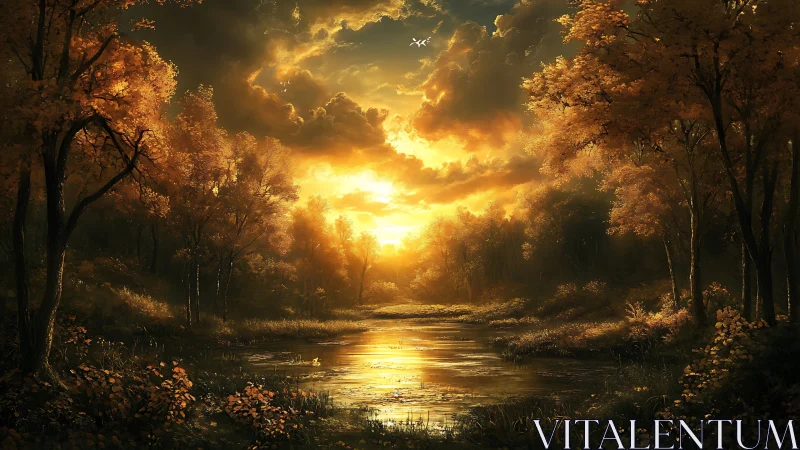 Golden autumn sunset ignites a tranquil forest river scene.