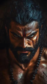Warrior portrait shows intense stare, scars and ritual marks