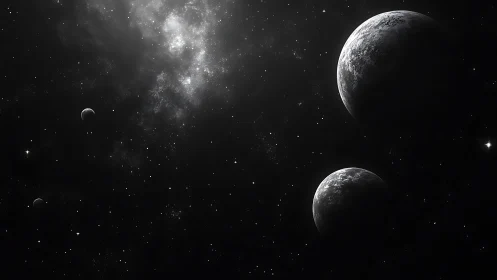 Multiple rocky planets in monochrome deep space field.